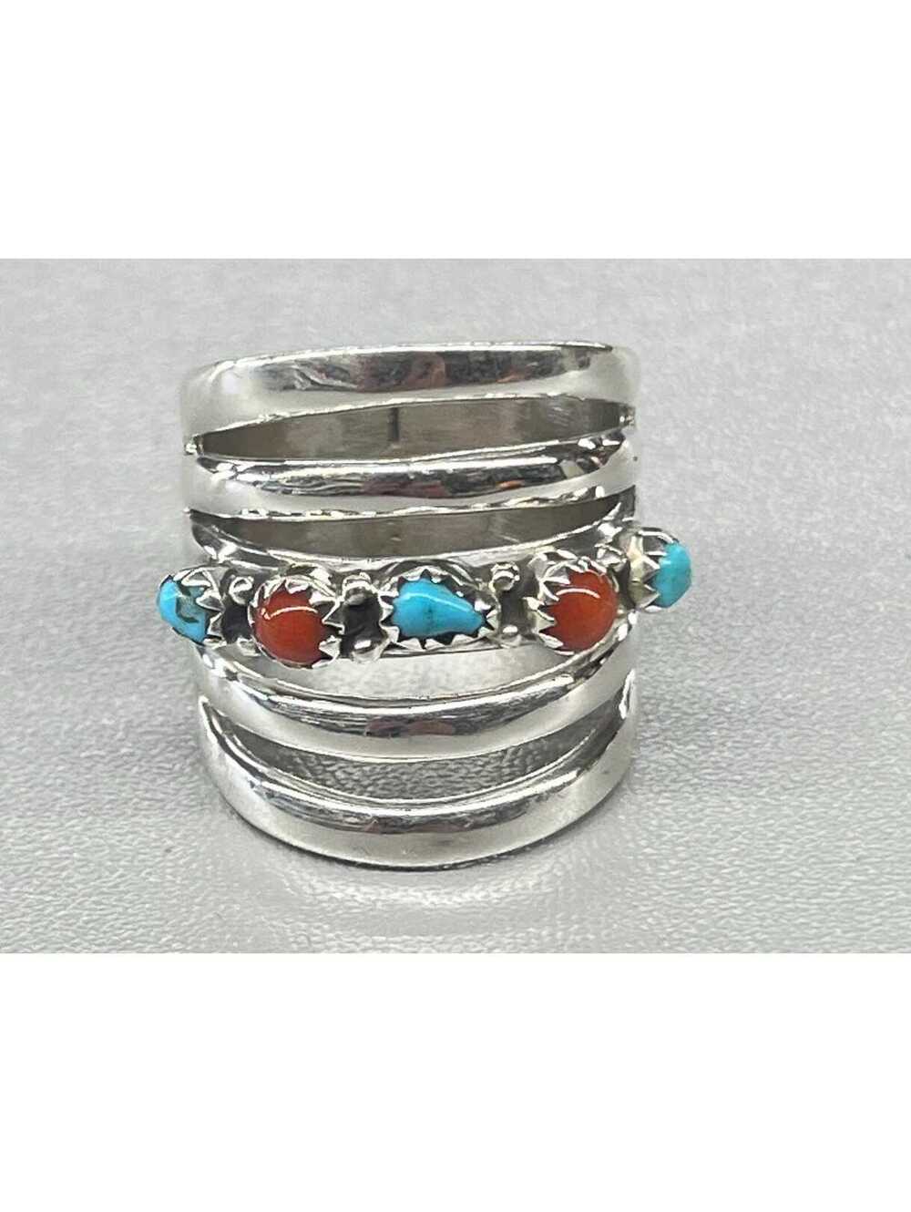 Navajo sterling silver Natural coral and turquoise cluster bar ring size 9